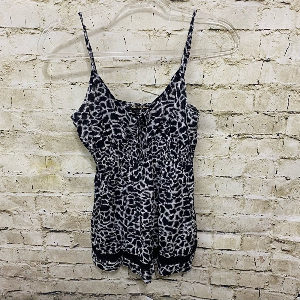 Guess Jeans Black White Printed Smocked Lace Tank Top
